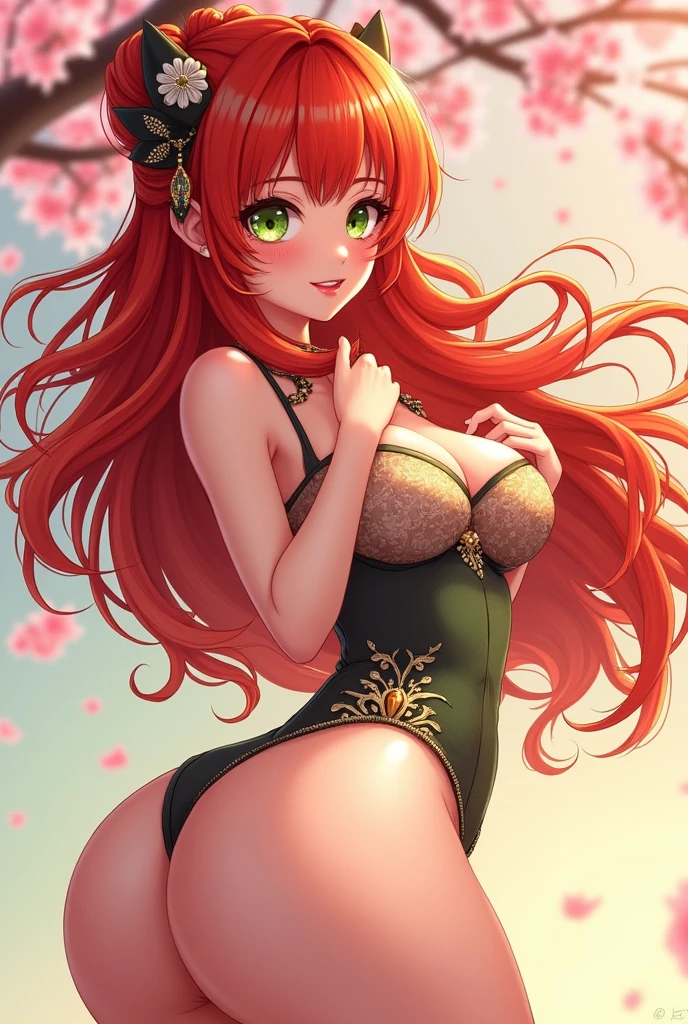 Create an illustration of a beautiful anime style woman, red hair , eyes with bright color Defined body with large breasts, Giant Buttocks , make her tease