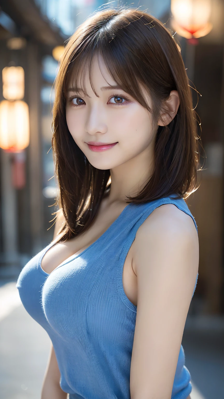 Ultra-realistic), (An illustration), (High resolution), (8k), (Very detailed), (最高のAn illustration),(Raw photo, Best Quality), (Realism, Photorealistic:1.4), Mastepiece, Very delicate and beautiful, Extremely detailed, 2k wallpaper, amazing, Fine details, Very detailedなCGユニティ8kの壁紙, Super detailed, High resolution, Beautiful detailed girl, Very detailedな目と顔, Beautiful detailed nose, Beautiful detailed eyes,Cinematic Lighting,Perfect Anatomy,Perfect promotion,(A shy smile, Beautiful Face), ((Perfect Legs, Perfect legs, Perfect hands, Perfect hands指, Perfect Arms, A shy smile, The mouth is perfect)), Looking straight at the camera, Bangs and ear bangs, (((Cute Japanese girl wearing denim shorts)))、 ((((((A beautiful 20-year-old Japanese girl wearing a bright, vivid blue sleeveless T-shirt.)))))), (((H cup big breasts)))、(((Bursting Busty!!!!!!!!!))) (((Huge boobs!!!!)))、((Huge breasts))、(((Attractive big breasts!!!!!!))), ((((Full body writing)))),  ((((Bob Cut Hair)))),  ((Solo Photo)),  ((Black Hair)), ((((Beautiful smile)))), (Slender body), ((Standing outdoors in a seductive pose)),  ((Emphasis on cleavage)), ((huge breasts))