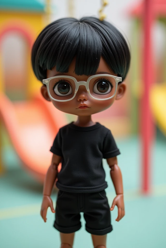 a male version of a Blythe doll, brown skin, Bblack hair, fringe style, rimless square glasses, black t-shirt and black shorts, without print.