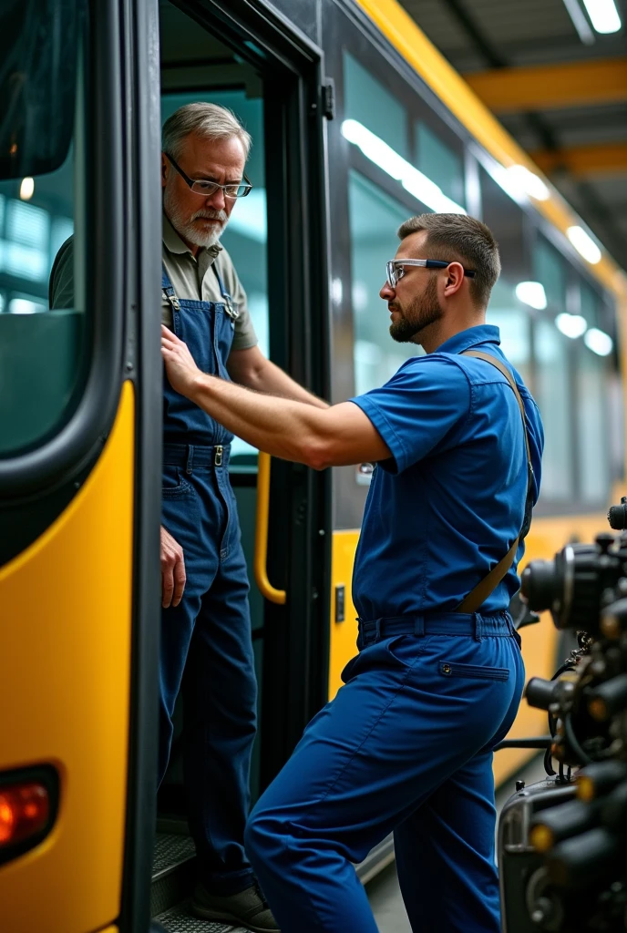 "Design a realistic image showing workers in a transportation company following safety protocols. The scene could depict a driver checking a bus before starting the route, or a mechanic using safety equipment in a well-maintained garage. Use a natural, everyday setting with realistic lighting and textures."