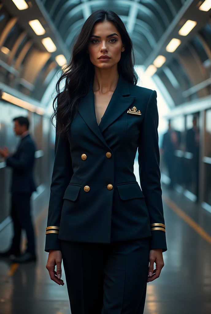 (photorealism:1.2), beautiful woman, woman of 3 meters tall, Admiral's suit,high, size comparison,dark suit,dark haired woman,3-meter tall woman 