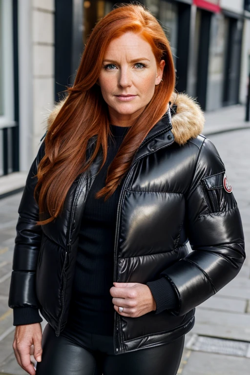 Medium view, of middle aged, 40 year old, mom, gilf, milf, face portrait, chubby, freckles, long ginger hair, black moncler puffer jacket, leather leggings, in Dublin 