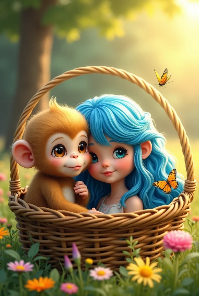 A beautiful monkey in a basket with a blue-haired girl