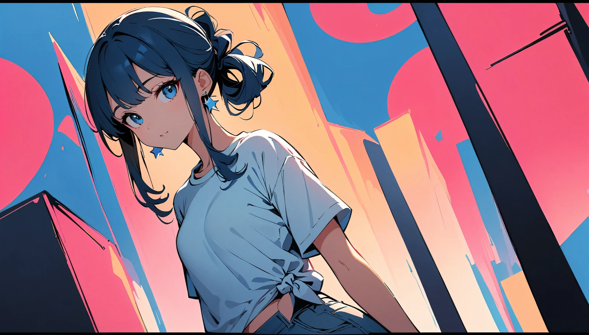 (high quality, 8k, 4K, High Contrast, masterpiece:1.2, 最high quality, Best aesthetics), (Dynamic Angle), ((1 female)), ((Single color background)), ((Flat Color)), Plain White and Short T-shirt, jeans,Looking at the audience, Upper Body, Pop Background,Light background, High Contrast, Contrasting colors, Cowboy Shot,Pale pink and blue lighting,Long Hair,((Tied Hair)),Small Tits,Blue Hair,Small star-shaped earrings in both ears,watch,bright eyeshadow