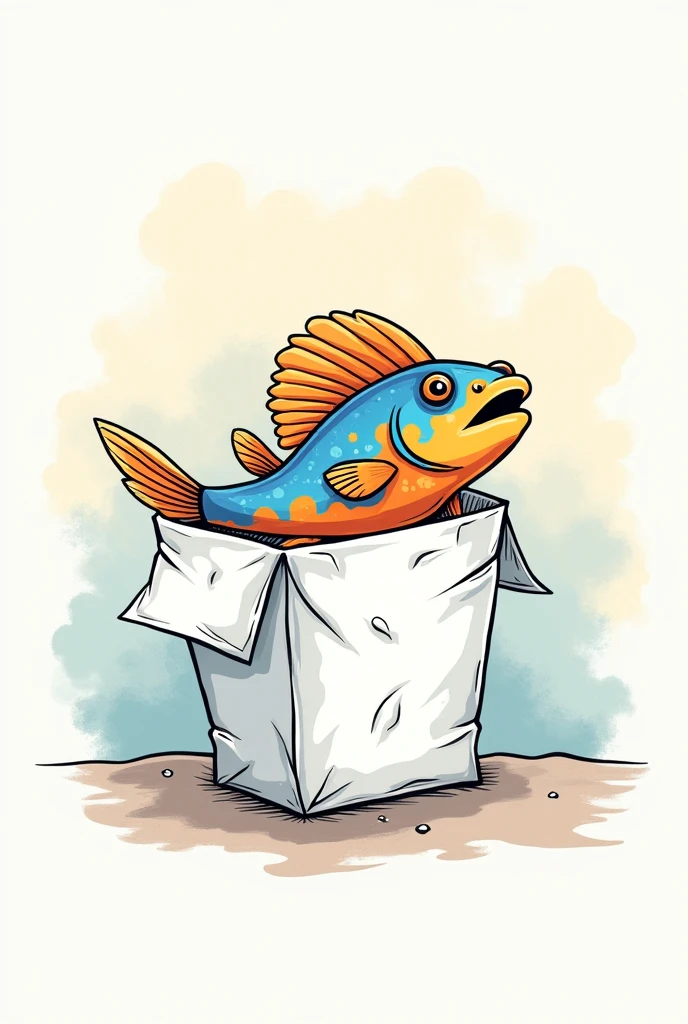 Line drawing cartoon style illustration of a tilefish in a styrofoam
