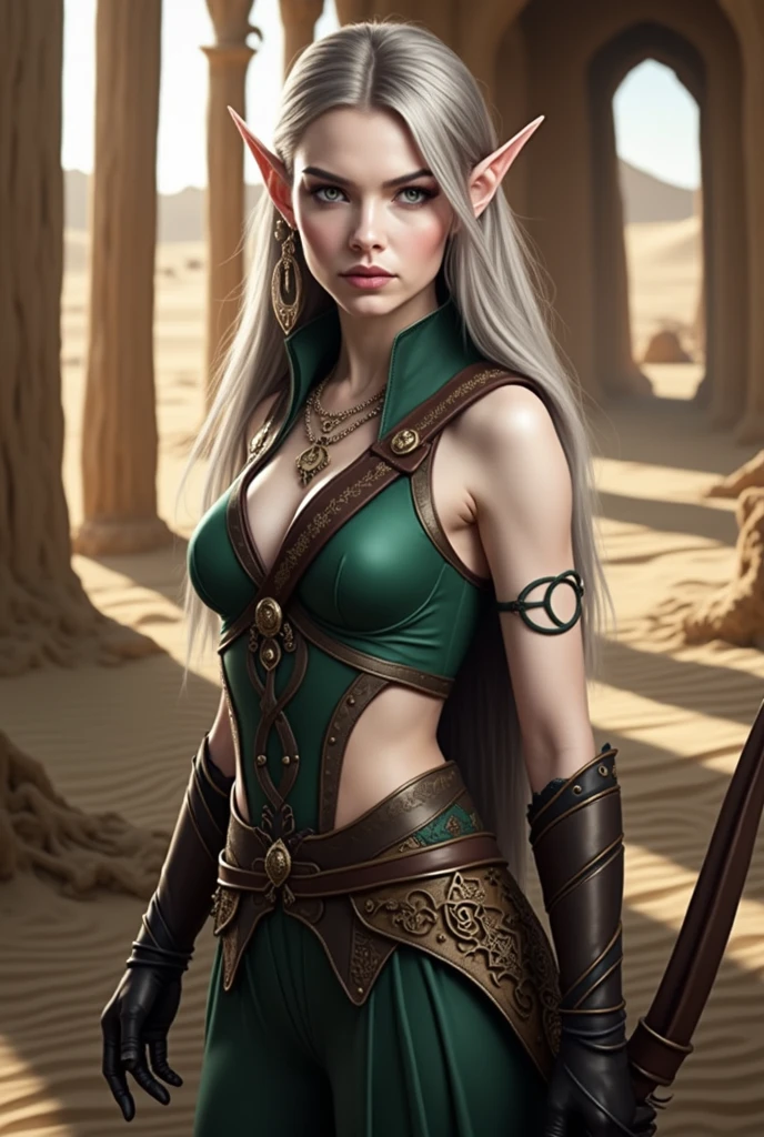 Elf woman , long straight hair, wearing light leather armor and medieval clothing, wielding a bow, in a desert, best qualityer, high fantasy.