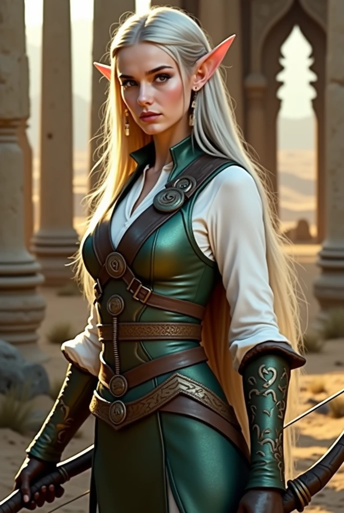 Elf woman  , long straight hair, wearing light leather armor and medieval clothing, wielding a bow, in a desert, best qualityer, high fantasy.