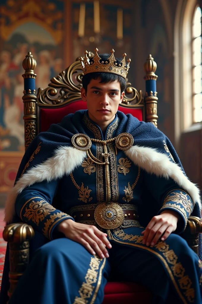 A young and handsome king from the North Kingdom, with short black hair and black raven eyes, wearing his blue, black and white with silver linings royal clothes with his golden crown that has a big sapphire stone in the middle while sitting on his throne inside his castle.
