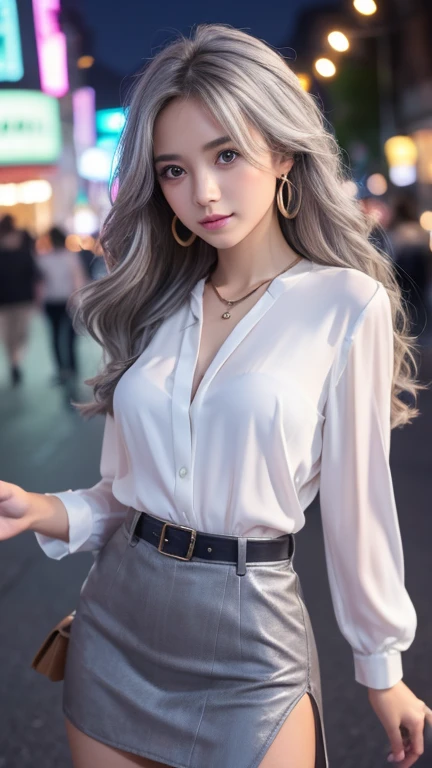 Cinema Lighting、(Front 45 degree angle), Accurate human body、(Accurate 5 fingers)、RAW Photos、 4K - ultra-vivid、Highest quality, masterpiece, Ultra-high resolution, (reality: 1.4)、Background Blur、Beautiful Eyes, Perfect face and eyes、(((White blouse)))、Hair quality and shine、nightの渋谷、Busy Street、 (night:1.8,) , Early teens, Checked mini skirt, Earrings,necklace、 Are standing , (Small breasts:1.3)、Long Hair、 (Gray Hair:1.2)Blonde, Asymmetrical hair, Wavy Hair、Messy Hair、Purple Nails、