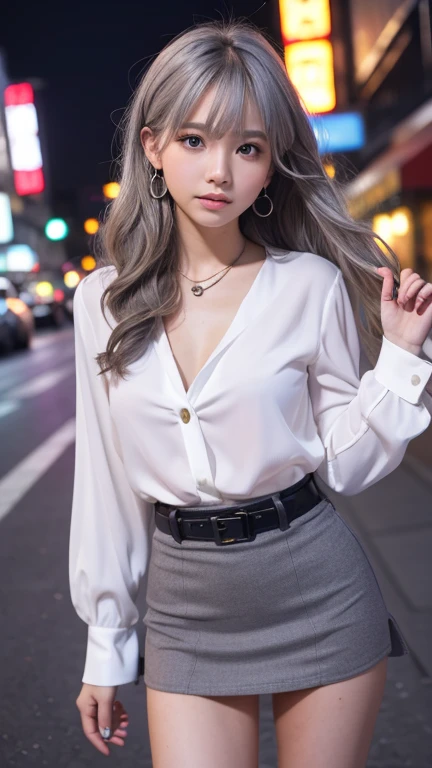 Cinema Lighting、(Front 45 degree angle), Accurate human body、(Accurate 5 fingers)、RAW Photos、 4K - ultra-vivid、Highest quality, masterpiece, Ultra-high resolution, (reality: 1.4)、Background Blur、Beautiful Eyes, Perfect face and eyes、(((White blouse)))、Hair quality and shine、nightの渋谷、Busy Street、 (night:1.8,) , Early teens, Checked mini skirt, Earrings,necklace、 Are standing , (((Small breasts:1.3)))、Long Hair、 (Gray Hair:1.2)Blonde, Asymmetrical hair, Wavy Hair、Messy Hair、Purple Nails、Spanish、yukata