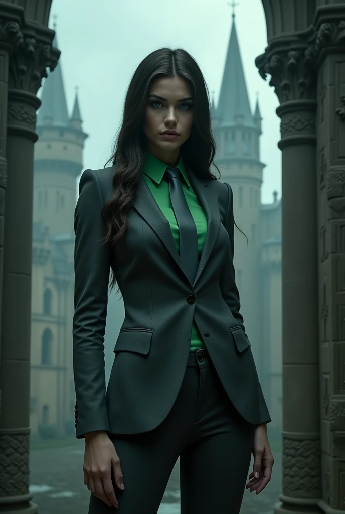 Sonata Dusk as Victor von doom female with Grey suit suit and green shirt and Grey necktie
