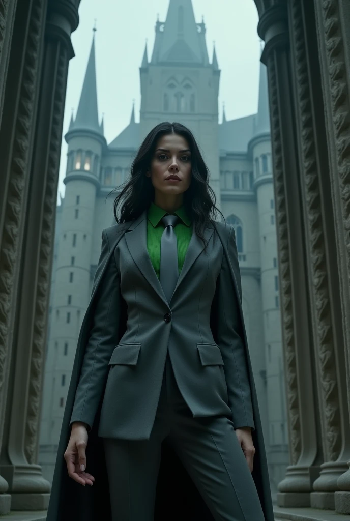 Sonata Dusk as Victor von doom female with Grey suit suit and green shirt and Grey necktie