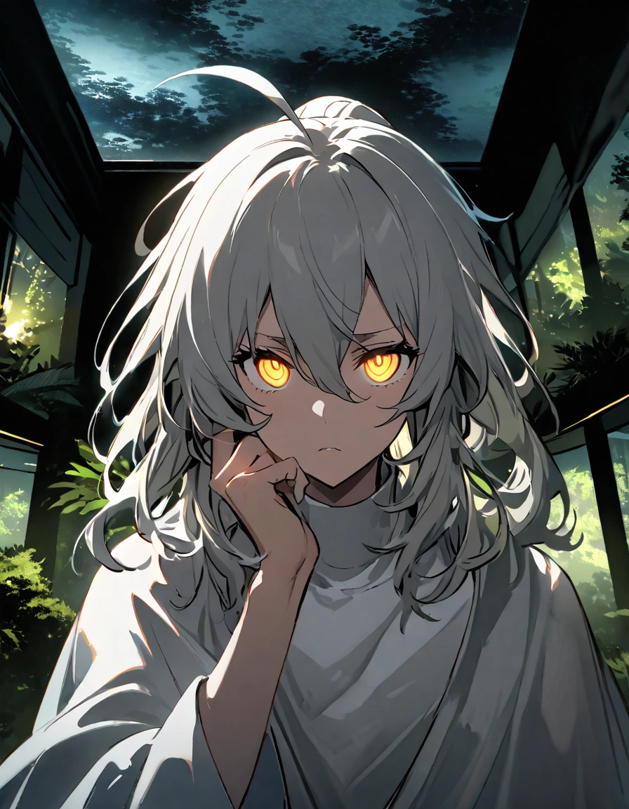 mature, Golden eyes, looking at viewer, female, forest room background, messy hair, grey shoulder-length hair, ponytail, parted lips, hair between eyes, ahoge, background in low light, dark, night, emotionless, white cloak, glowing eyes, one hand on face, no emotion, frown, trees, standing, white turtleneck, scientist, thinking, reflecting