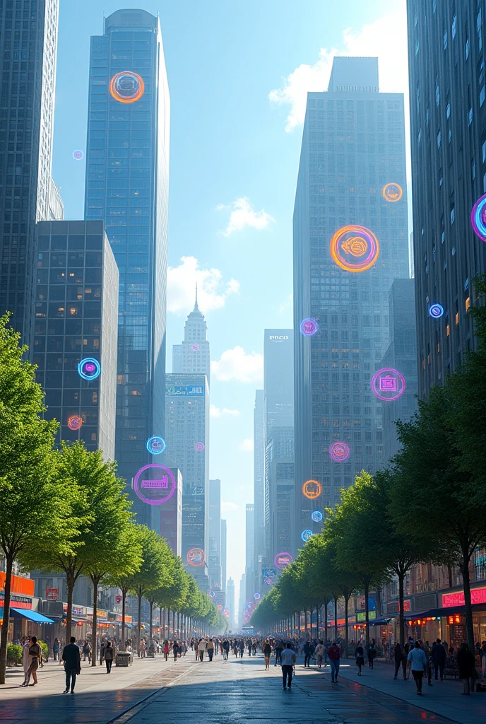 CITY OF BUILDINGS WITH TECHNOLOGY ICONS IN CIRCLES