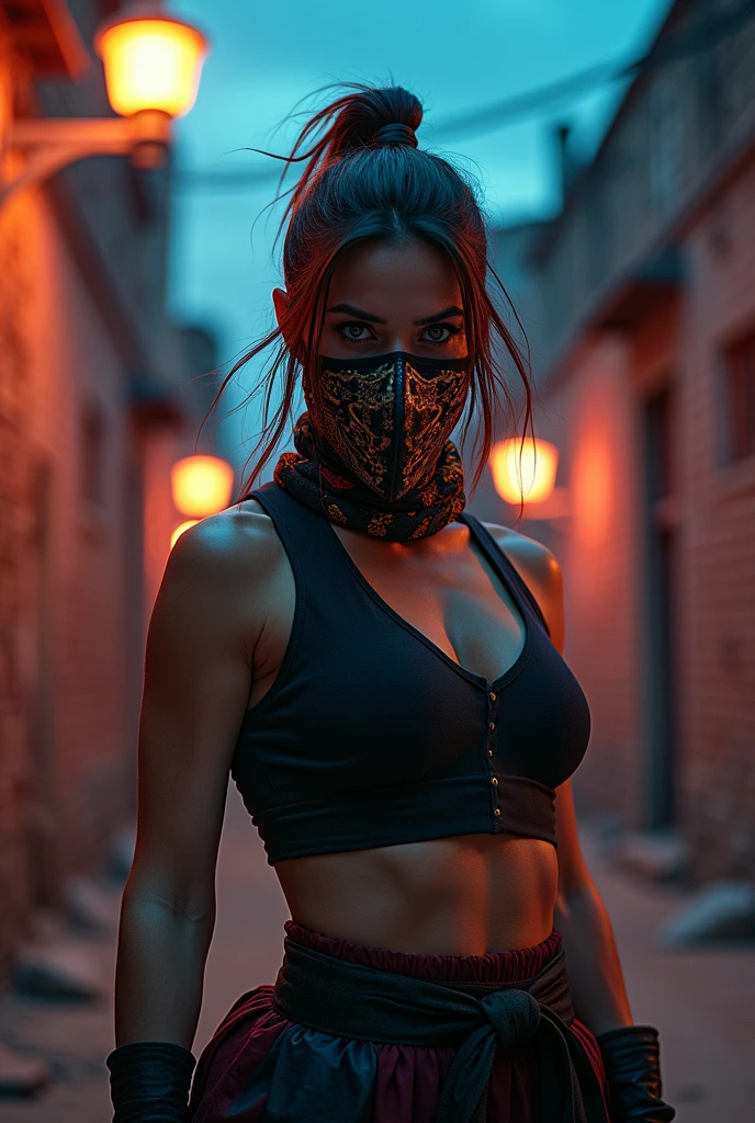 a woman with a mask in a fighting pose