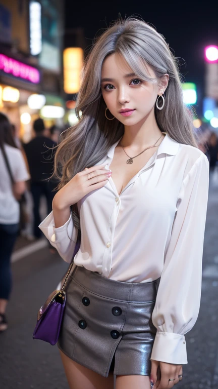 Cinema Lighting、(Front 45 degree angle), Accurate human body、(Accurate 5 fingers)、RAW Photos、 4K - ultra-vivid、Highest quality, masterpiece, Ultra-high resolution, (reality: 1.4)、Background Blur、Beautiful Eyes, Perfect face and eyes、(((White blouse)))、Hair quality and shine、nightの渋谷、Busy Street、 (night:1.8,) , Early teens, Checked mini skirt, Earrings,necklace、 Are standing , (Small breasts:1.3)、Long Hair、 (Gray Hair:1.2)Blonde, Asymmetrical hair, Wavy Hair、Messy Hair、Purple Nails、
