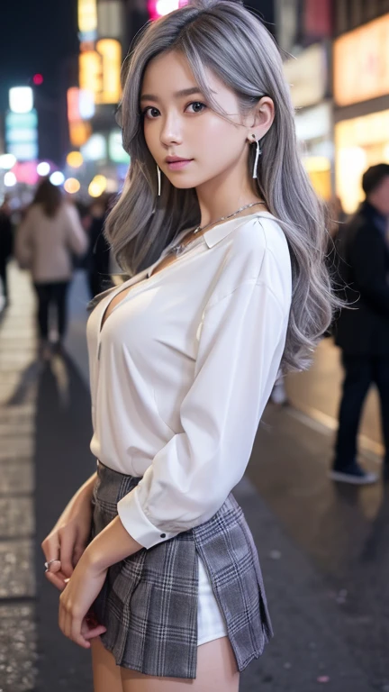Cinema Lighting、(Front 45 degree angle), Accurate human body、(Accurate 5 fingers)、RAW Photos、 4K - ultra-vivid、Highest quality, masterpiece, Ultra-high resolution, (reality: 1.4)、Background Blur、Beautiful Eyes, Perfect face and eyes、(((White blouse)))、Hair quality and shine、nightの渋谷、Busy Street、 (night:1.8,) , Early s, Checked mini skirt, Earrings,necklace、 Are standing , (Small breasts:1.3)、Long Hair、 (Gray Hair:1.2)Blonde, Asymmetrical hair, Wavy Hair、Messy Hair、Purple Nails、