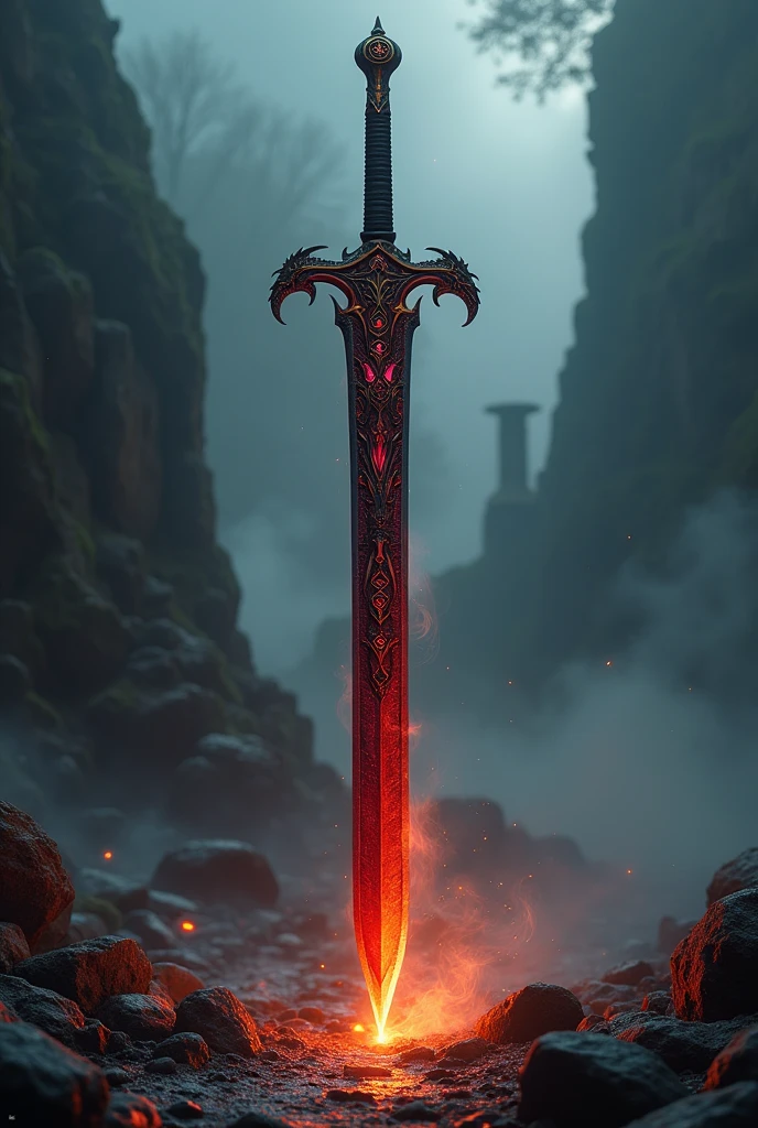 Red and black sword with a dragon symbol