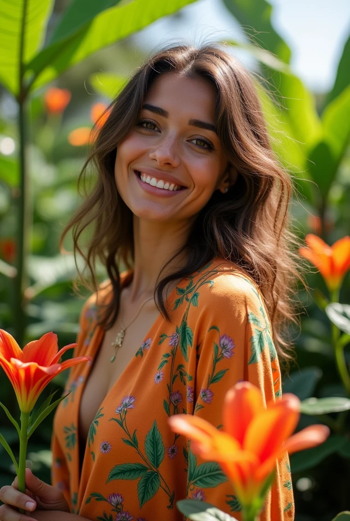 A Brazilian woman in a lush tropical garden, wearing an open shirt with a floral print, with a close-up capturing the harmonious beauty between her breasts and the natural flowers, showing off your natural charm and outgoing personality.