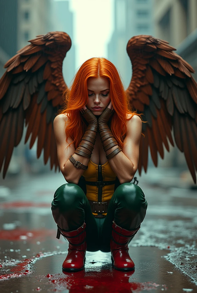 A beautiful woman Isabela Merced under the mantle of the Thanagarian Warrior Shayera Holl aka Hawkgirl Long orange hair to her knees with her hands on her face screaming exhausted after a battle in an apocalyptic and rainy city blood around her yellow leather corset (((Brown harness with thick straps protruding from her neck to her waist))) and green leather pants red boots and red gloves (((two large brown wings six feet long and wide))) reflection of her in the blood terrifying and bloody images (((two large brown wings six feet long and wide))),projecting from her back Dc universe logo