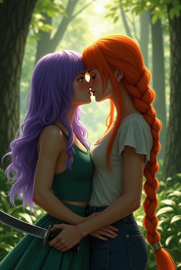 2 girls kissing in the forest, one has short shoulder-length hair and is purple, the other is more taller, has orange hair and wears a braid, and is stabbing the purple-haired girl with a knife  