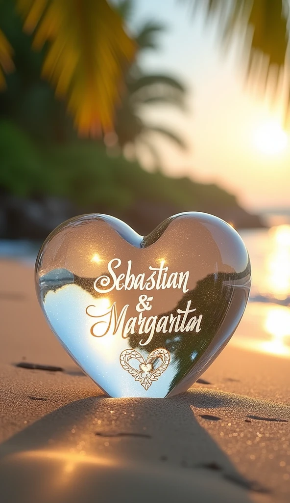 A crystal heart that has written in the center "Sebastian & margarita". The crystal is on the edge of the beach