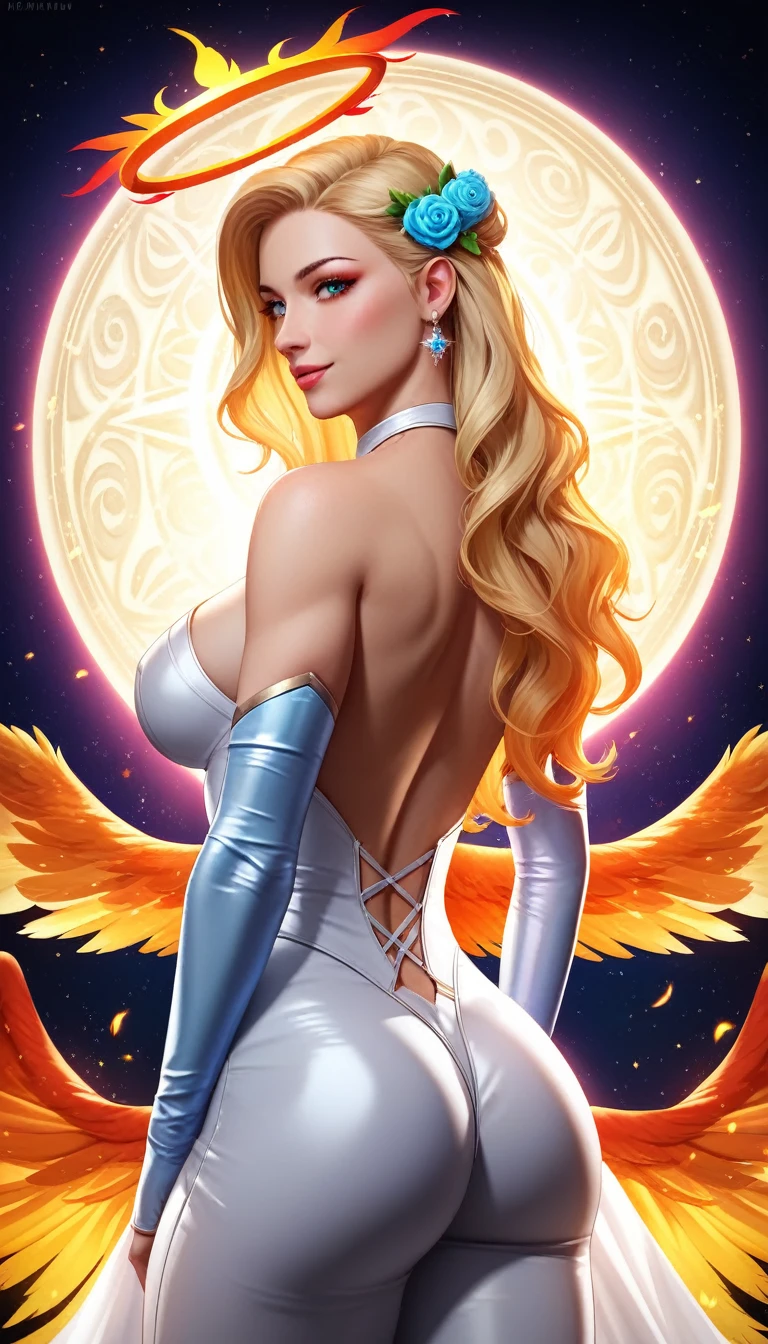 official art, 64k, portrait of beautiful woman celestial, deity, goddess Style-Gravitymagic, light particles, halo, blonde, large breasts, looking at viewer, flame, bioluminescence, phoenix, beautiful eyes, Vibrant, Colorful, Color, 64k, high quality, hyper realistic, from behind, professional photograph, hourglass body shape, bondage outfit, wedding dress, edgBIC, 