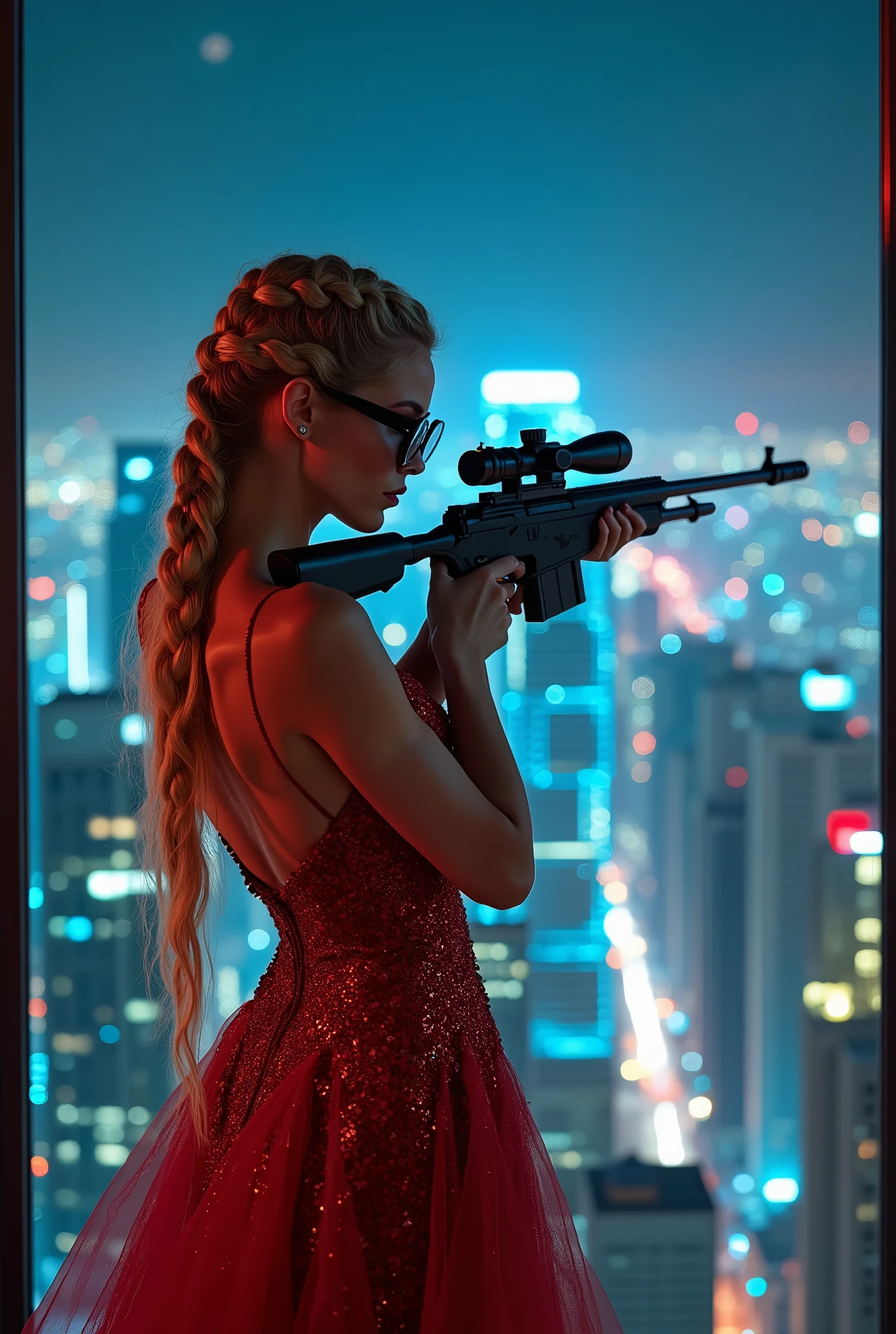 In a sleek, modern skyscraper at night, a stunning sniper woman stands poised in the window frame, her intense blue eyes focused on the scope of her Light Sniper Rifle. Her braided hair cascades down her back like a golden waterfall, complementing the intricate red evening dress that clings to her curves. The dress's dynamic color shifts in the moonlight, accentuating its elegant style. High-contrast lighting highlights every detail, from the ultra-detailed face and glasses to the vibrant cyberpunk cityscape behind her. The 16K image is a masterpiece of composition, with the full-body shot showcasing the sniper woman's confident stance and exquisite features.