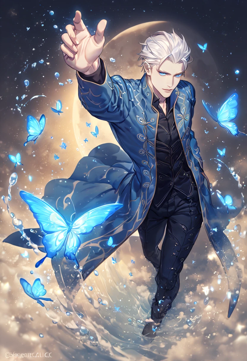 absurdres, highres, ultra detailed, HDR, master piece, best quality, Vergil, white hair, slicked up, expressive blue eyes, Devil May Cry, solo, sexy man, handsome, sensual, blue coat, black shirt, magical, fantasy, water, blue flames, dust, blue moon, starry, blue fireflies, blue flowers, blue butterflies
