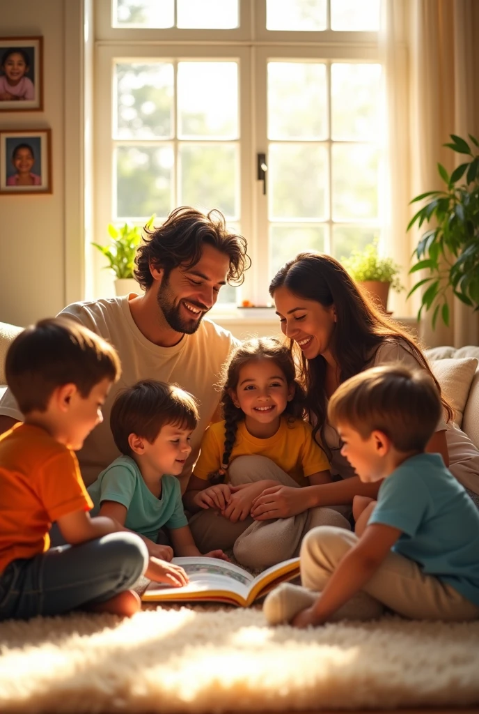 A family of seven, with husband and wife, five children, boy, boy, boy, girl, baby