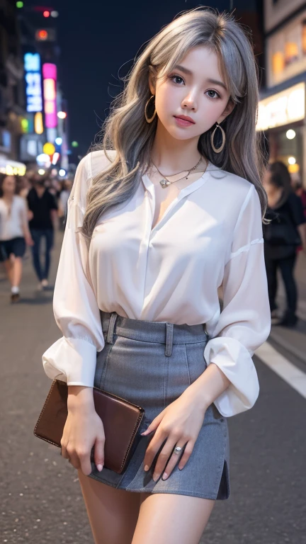 Cinema Lighting、(Front 45 degree angle), Accurate human body、(Accurate 5 fingers)、RAW Photos、 4K - ultra-vivid、Highest quality, masterpiece, Ultra-high resolution, (reality: 1.4)、Background Blur、Beautiful Eyes, Perfect face and eyes、(((White blouse)))、Hair quality and shine、nightの渋谷、Busy Street、 (night:1.8,) , Early s, Checked mini skirt, Earrings,necklace、 Are standing , (Small breasts:1.3)、Long Hair、 (Gray Hair:1.2)Blonde, Asymmetrical hair, Wavy Hair、Messy Hair、Purple Nails、