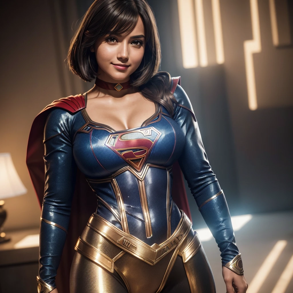 Isabel Merced as supergirl, metallic suit, no cape, choker, bob_cut hair, slim photo model, (big breasts:1.3), smiling, Real Life, full bodyshot, Ultra Realistic, Photorealism, Photography, 8K UHD, Photo, HDR, Complex and Elegant, Highly Detailed, Sharp Focus, Stunning, Beautiful, Gorgeous), (Masterpiece: 1.2, Best Quality 1:1, Ultra Detail: 1.2, Best Shadows, 8k: 1.1), (beautiful detailed face), high contrast, (perfect lighting: 1.2), (cinematic light)), colorful, hyper-detail, dramatic light, intricate detail, photograph by arny freytag