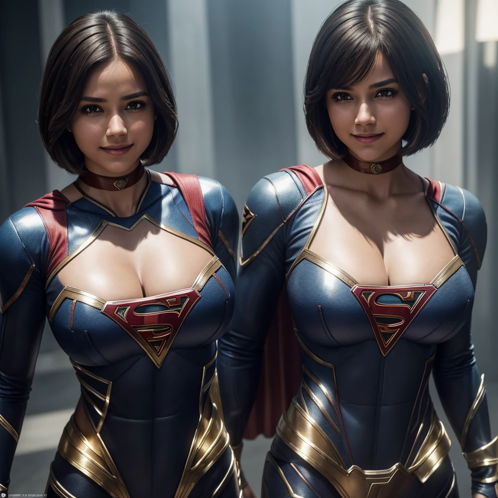 Isabel Merced as supergirl, metallic suit, no cape, choker, bob_cut hair, slim photo model, (big breasts:1.3), smiling, Real Life, full bodyshot, Ultra Realistic, Photorealism, Photography, 8K UHD, Photo, HDR, Complex and Elegant, Highly Detailed, Sharp Focus, Stunning, Beautiful, Gorgeous), (Masterpiece: 1.2, Best Quality 1:1, Ultra Detail: 1.2, Best Shadows, 8k: 1.1), (beautiful detailed face), high contrast, (perfect lighting: 1.2), (cinematic light)), colorful, hyper-detail, dramatic light, intricate detail, photograph by arny freytag