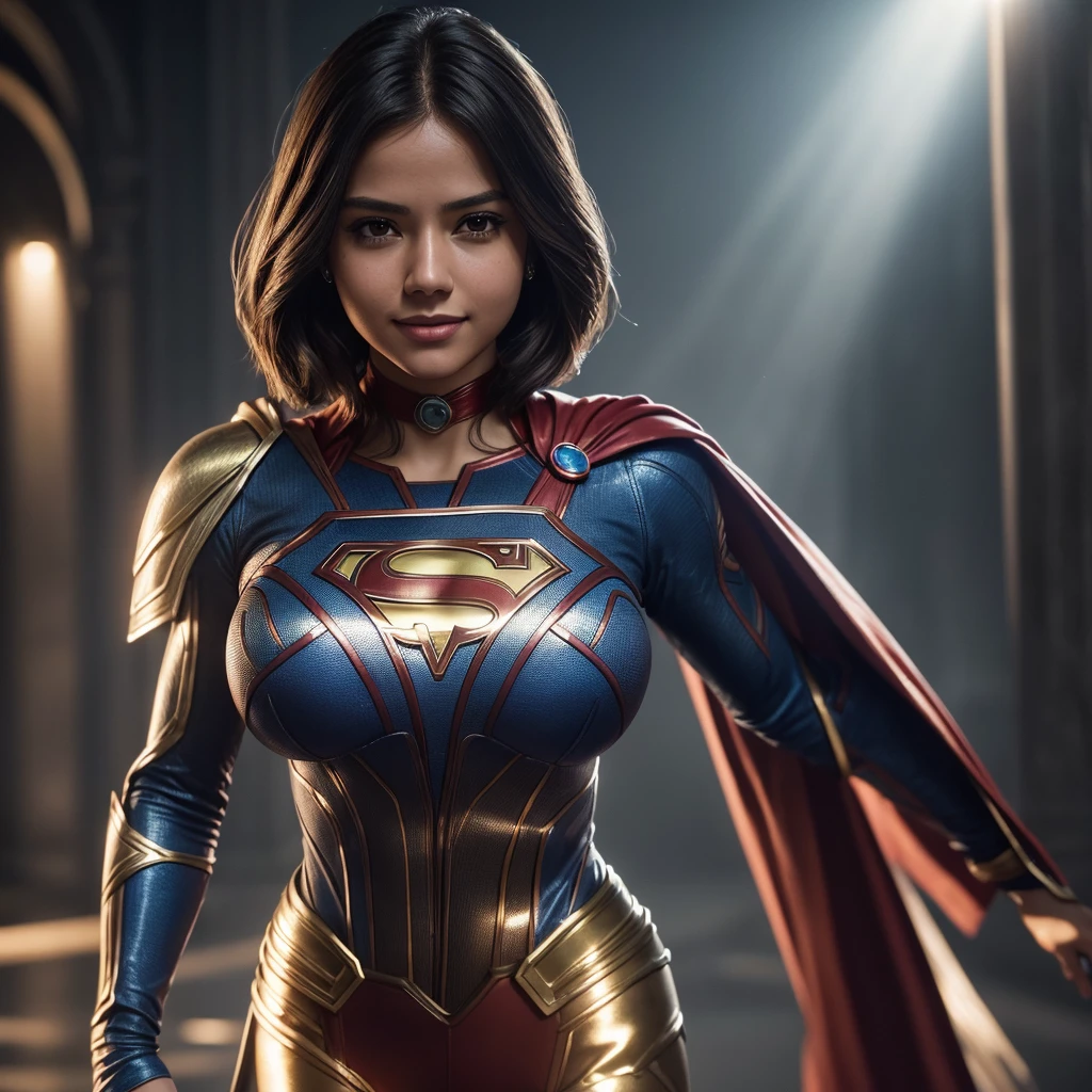 Isabel Merced as supergirl, metallic suit, no cape, choker, bob_cut hair, slim photo model, (big breasts:1.3), smiling, Real Life, full bodyshot, Ultra Realistic, Photorealism, Photography, 8K UHD, Photo, HDR, Complex and Elegant, Highly Detailed, Sharp Focus, Stunning, Beautiful, Gorgeous), (Masterpiece: 1.2, Best Quality 1:1, Ultra Detail: 1.2, Best Shadows, 8k: 1.1), (beautiful detailed face), high contrast, (perfect lighting: 1.2), (cinematic light)), colorful, hyper-detail, dramatic light, intricate detail, photograph by arny freytag