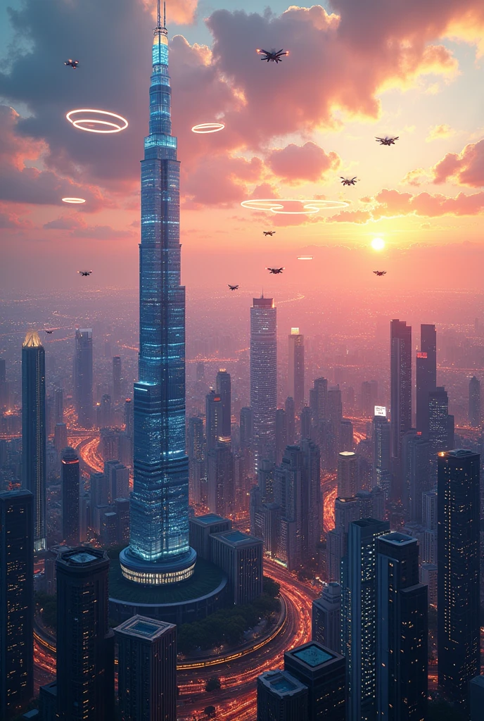 CITY OF BUILDINGS AERIAL VIEW WITH TECHNOLOGY ICONS IN CIRCLES
