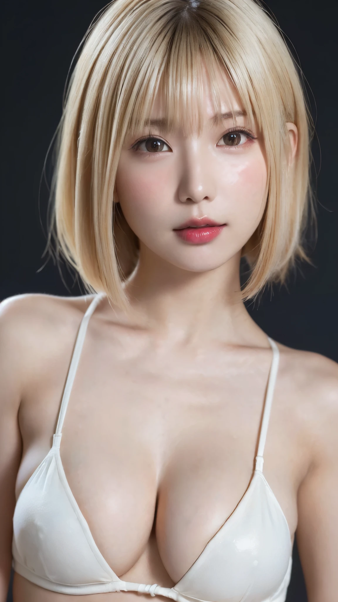 ((Close-up of face facing forward:1.6)、((blondeのショートカット:1.5))、((Squint your eyes:1.6))、((Naked Women:1.5))、((No underwear:1.5))、((small and flat chest:1.7))、((Short Bob Cut:1.4))、((Apply beautiful makeup:1.5))、(((amount、Small breasts、Round face、White blonde Hair、beautiful girl、blonde、White Background、cute、young、True Face、Shiny Hair、whole body)))、Tabletop, Highest quality, shape, Very detailed, finely, High resolution, 8k wallpaper, Perfect dynamic composition, finelyて美しい目, Deco Out,blonde, Medium Hair, Small breasts, Natural color lip,White Background,
