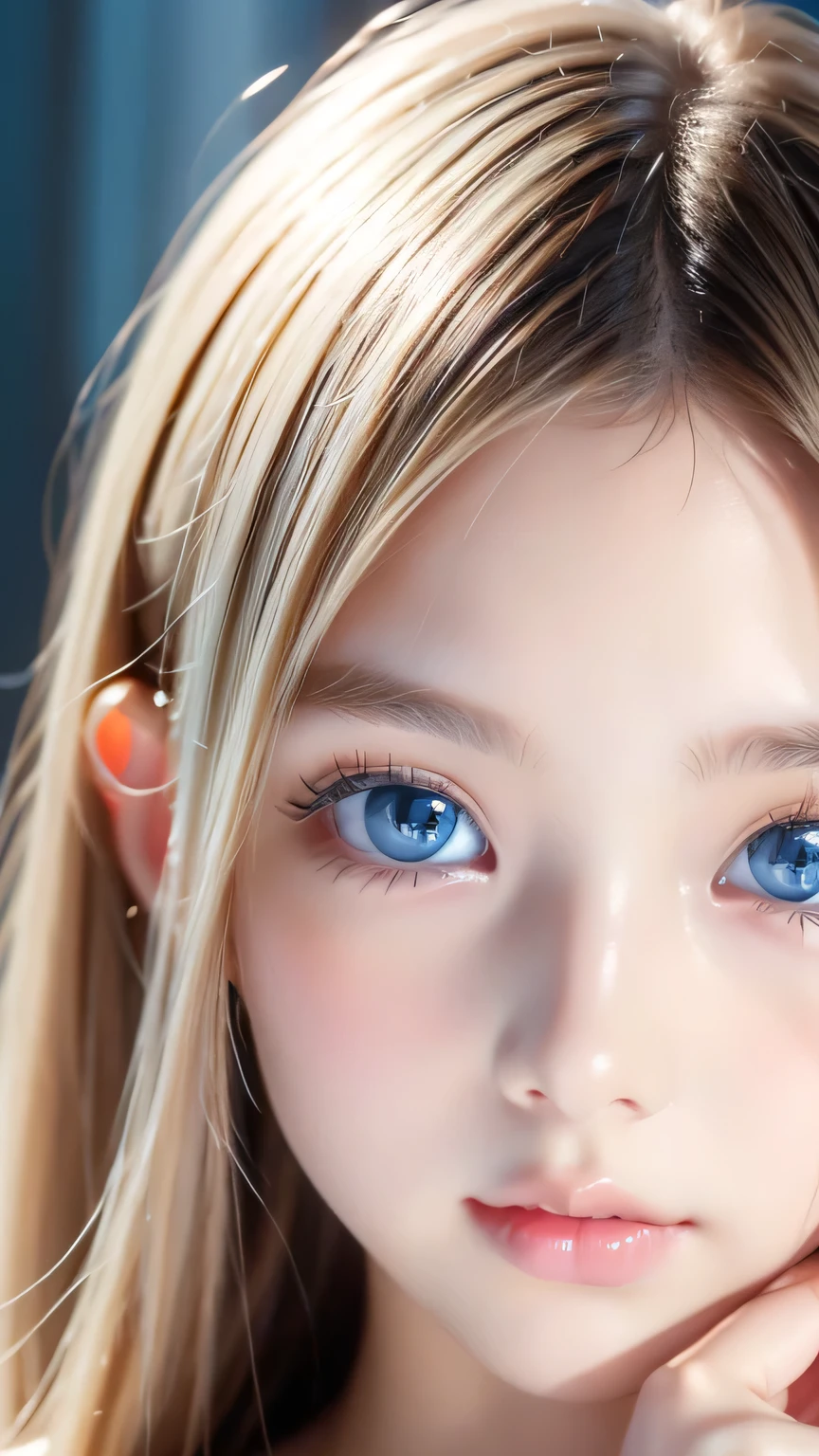 Portrait、、bright look、ponytail、bangs between eyes、bangs on the face、Young, shiny, white, glossy skin、gross face、cheek gloss highlight、best beauty、blonde reflection、Platinum blonde hair with dazzling highlights、shiny bright hair,、super long silky straight hair、Shining beautiful bangs、Attractive, beautifully shining, very bright, light blue eyes、very big eyes、Very beautiful nice cute 15 year old beautiful girl、rich bust、small face beauty、