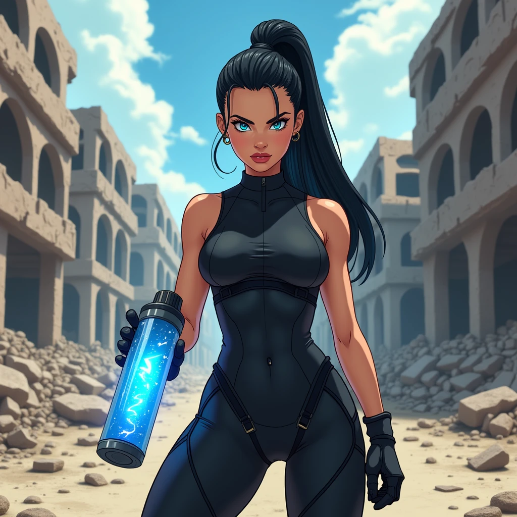 A beautiful woman with mesmerizing blue eyes, long, straight, jet-black hair, which is in a ponytail, she is very beautiful, Wide hips, He wears a tight black combat suit, she's in a destroyed city, in her hand there's a cure that glows a deep blue, in a tube. With an intimidating and strong gaze, a gaze full of power, in a combat position. megan fox. animated art