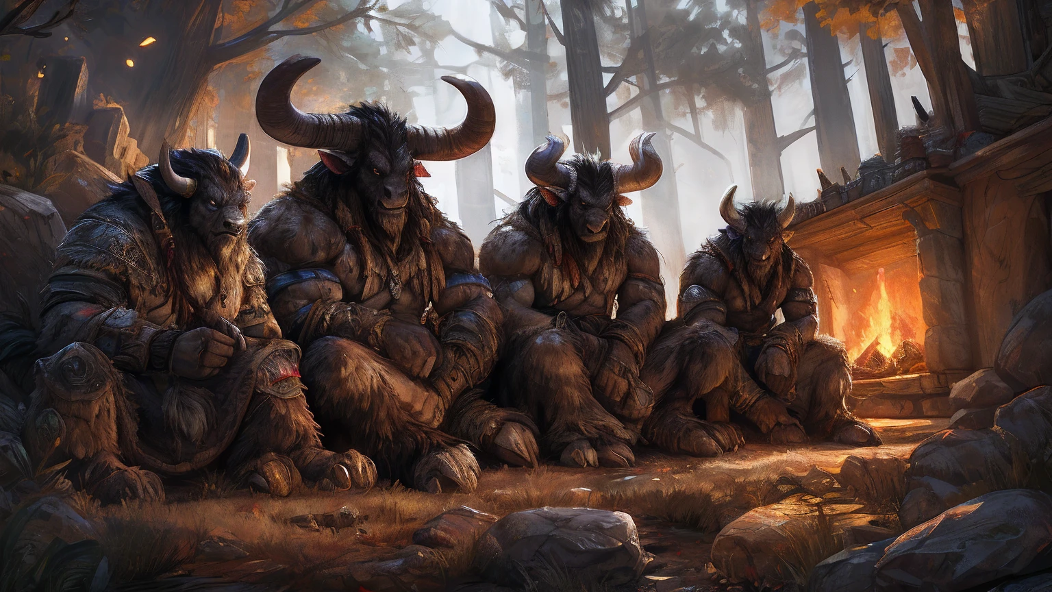 group, minotaurs, fireplace,forest,muscular,hyper_muscles,surrounding,muscular,4k,perfect_body,by kenket, by darkgem, by miosha, serious, sitting,smooth_lights, detailed, 3_minotaurs, spears, weapons_on_floor,weapons, tribal, tribal, armors,by kenket, by darkgem, by miosha, (group)((group))(MINOTAUR) (group)((group))(MINOTAUR) (group)((group))(MINOTAUR) (group)((group))(MINOTAUR), tribal, forest, tribal_forestal,warcraft,tribal,perfect_face,perceft_body, outiide,camp,campsite,blood_on_floor,hyper_body,monter_size, (outside),detailed_eyes.perfect_eyes,(detailed_eyes.perfect_eyes)(detailed_eyes.perfect_eyes)
