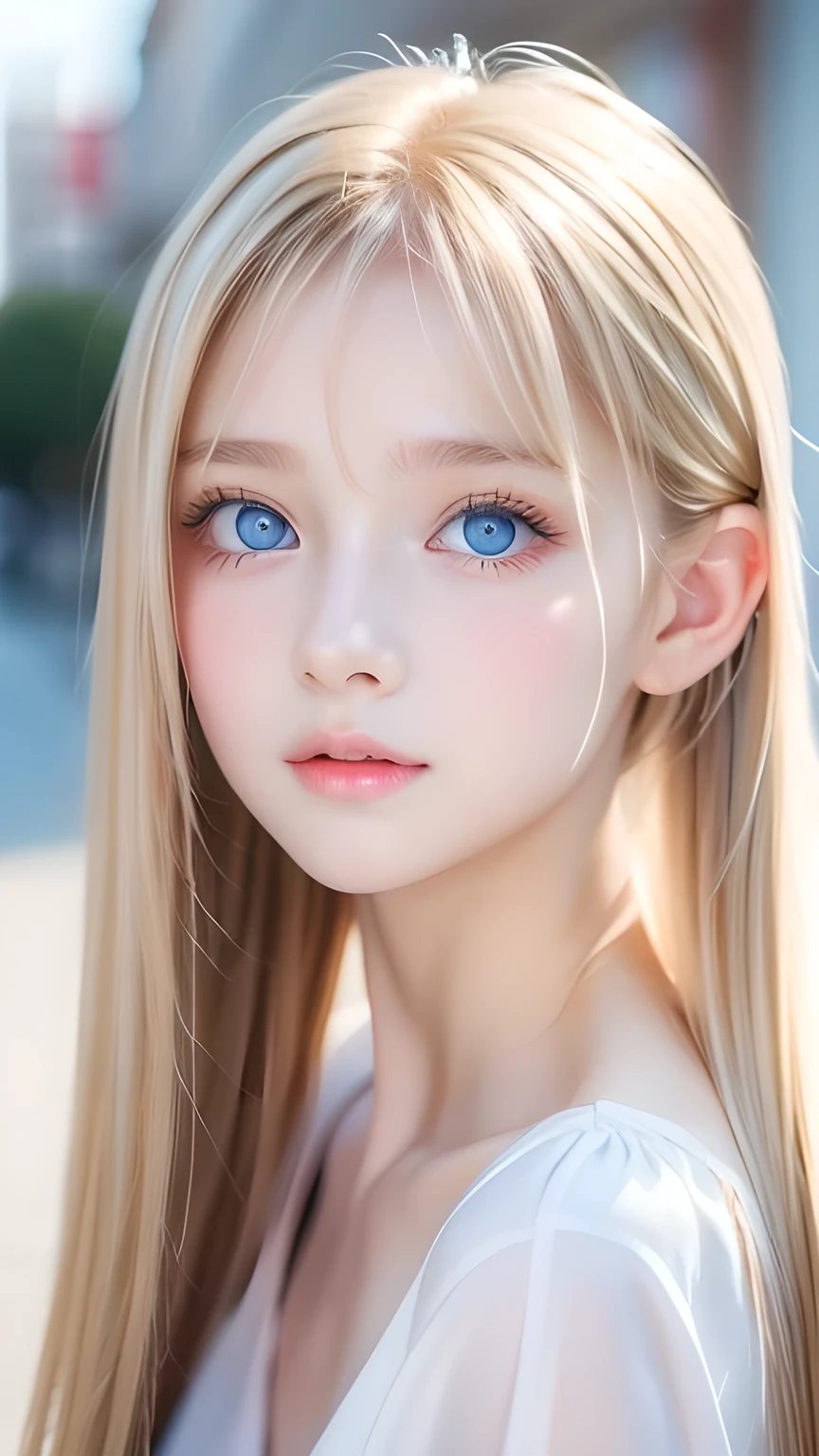 Portrait、、bright look、ponytail、bangs between eyes、bangs on the face、Young, shiny, white, glossy skin、gross face、cheek gloss highlight、best beauty、blonde reflection、Platinum blonde hair with dazzling highlights、shiny bright hair,、super long silky straight hair、Shining beautiful bangs、Attractive, beautifully shining, very bright, light blue eyes、very big eyes、Very beautiful nice cute beautiful girl、rich bust、small face beauty、