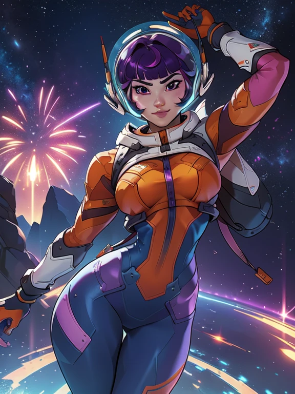 Juno_Overwatch_2, short hair, messy hair, purple hair, bangs, brown eyes, white headphones, orange cropped jacket, blue skintight bodysuit, white backpack, space ranger, blue and orange gloves, long eyelashes, cute face, orange and white space boots, wide smile, excitement, she's very adventurous, outer space background, pink nebula's in the surroundings
