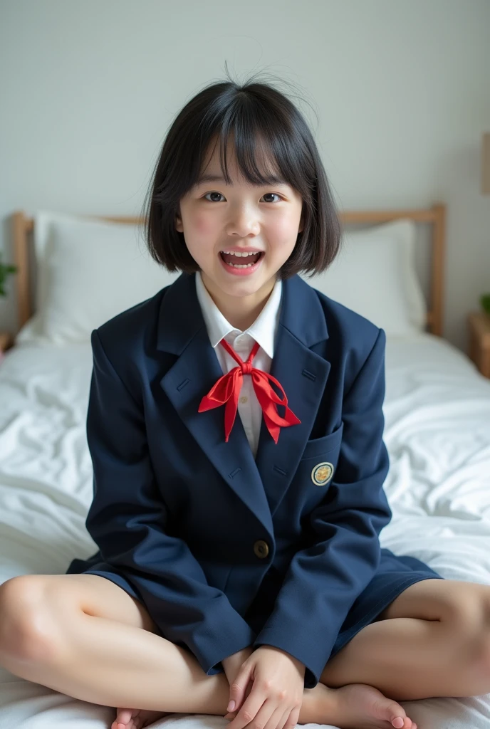 (Highest quality), (Beautiful 10-year-old junior high school girl、Japanese girl), (Moisturized lips), Narrow eyes, double eyelid, Delicate clavicle, big Chest , underdeveloped udder, Excited expression、Ecstasy face,Sit on the floor with your legs spread, Professional Lighting, (Petite figure), (Sunburned skin: 0.2), Full body photo, Full Body Focus、A fine honor student、Slender body、(She's completely naked under her navy blue blazer uniform.:1.5)、Boyish ultra-short hair、Stylish white bedroom、Ribbon on chest、Sweep all your hair back、Completely naked、Lifting up the skirt、You can see inside her skirt、