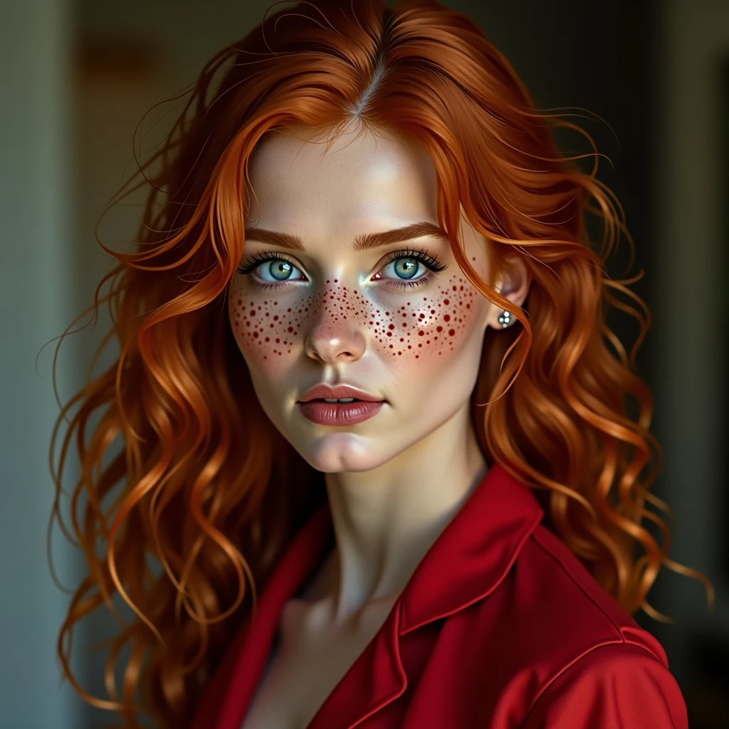 Create for me an image of a redheaded woman, perfect blue eyes, and freckles. wearing a red outfit.