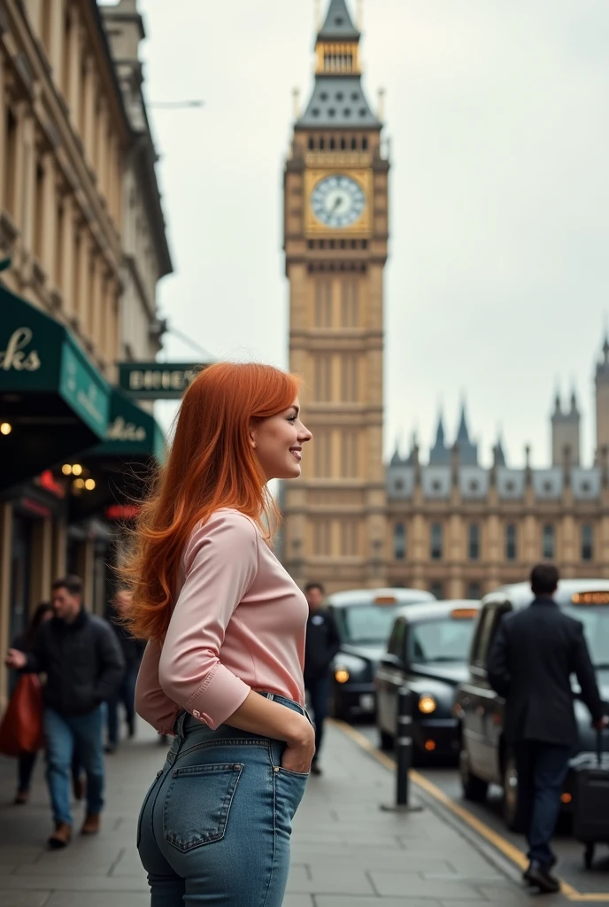 Create an image of a beautiful girl, redheadwear, dainty, pretty, VERY PRETTY looking at Big Ben from behind, And next to her is a diner with the name " Luck's" She is putting her hand in her pocket, She is wearing jeans and a light pink blouse, The scenery is typical of London, And next to her is the famous taxi, And there are people in the landscape with work suitcases and sad clothes, So the girl is happy