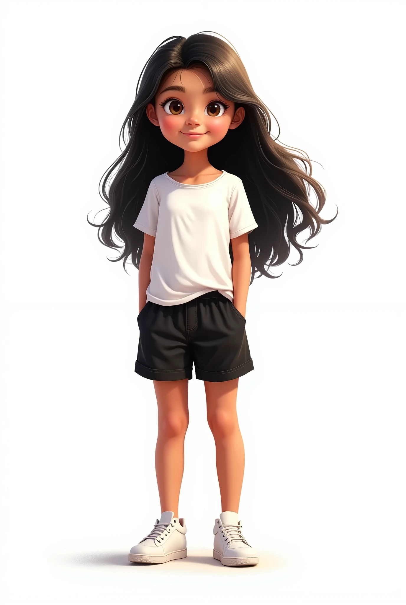 illustration of an avatar of an 8 year old Latino girl named lucy with long black beautiful hair ,wearing a white top and black shorts with white sneakers ,plain white background, isolated on white
