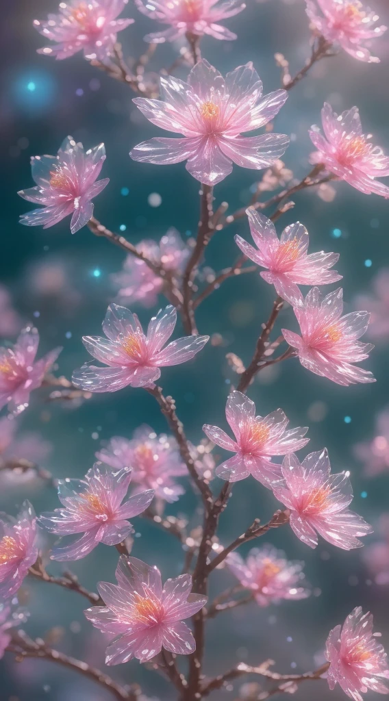 Crystal Sakura Blossom, fantasy, galaxy, transparent, glisten, elf, idyllic, colorfully, Magical Photography, dramatic light, photo realism, ultra-detail, 10, Depth of Field, high-res