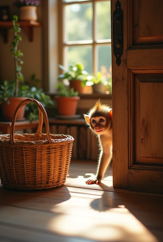 
A monkey in a basket behind the door