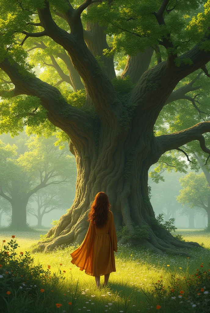 One with their back turned, looking at a tree