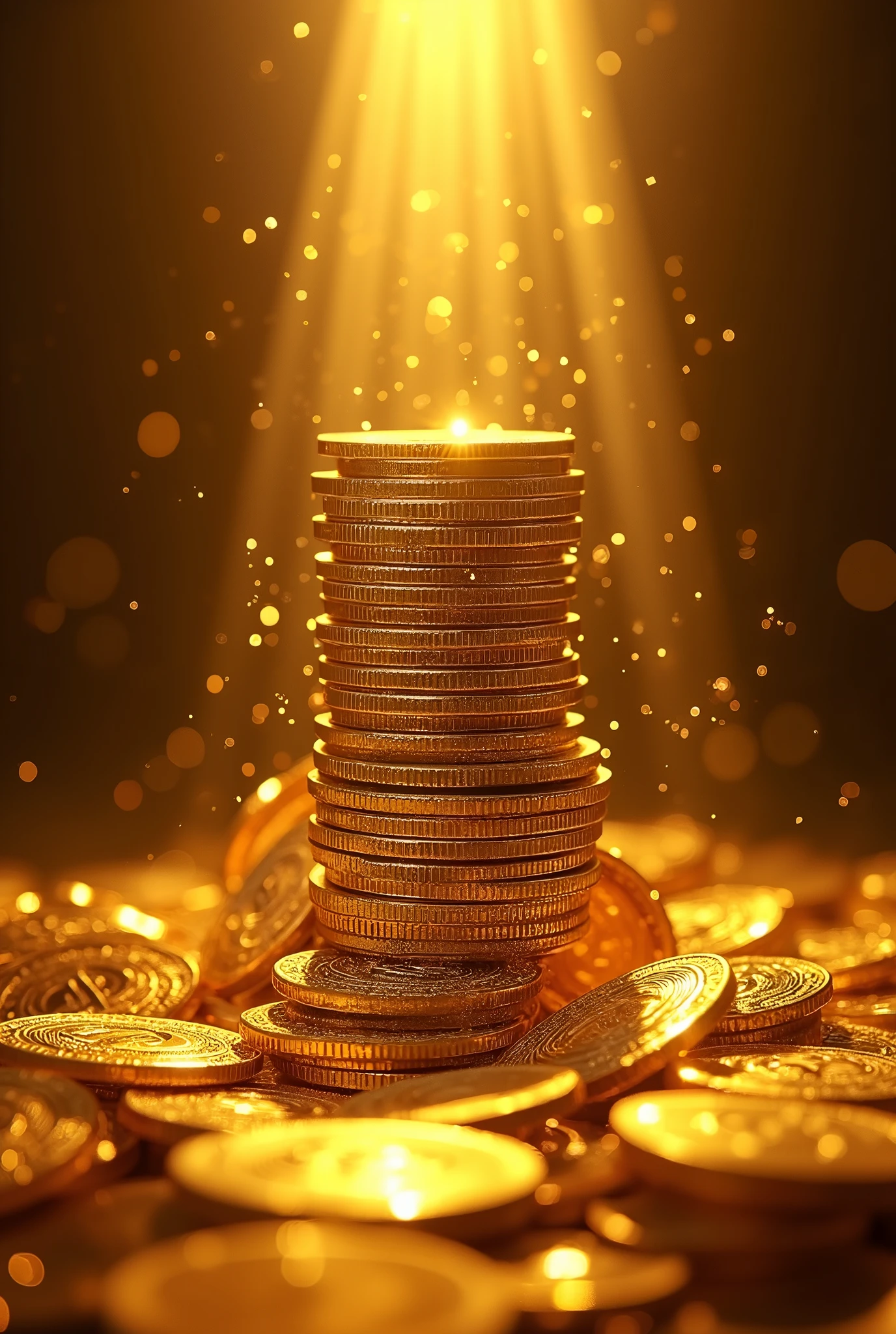 make countless bitcoin coins vertically in gold lining the entire image, one on top of the other and dripping liquid gold over them, has a strong glow from the light reflected on the coin, lens flare effect