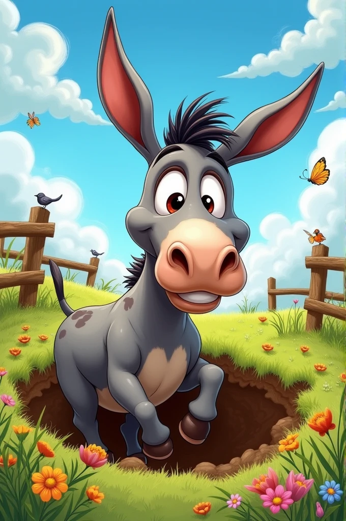 Donkey shaking its hooves to get out of a hole it locked itself in drawing